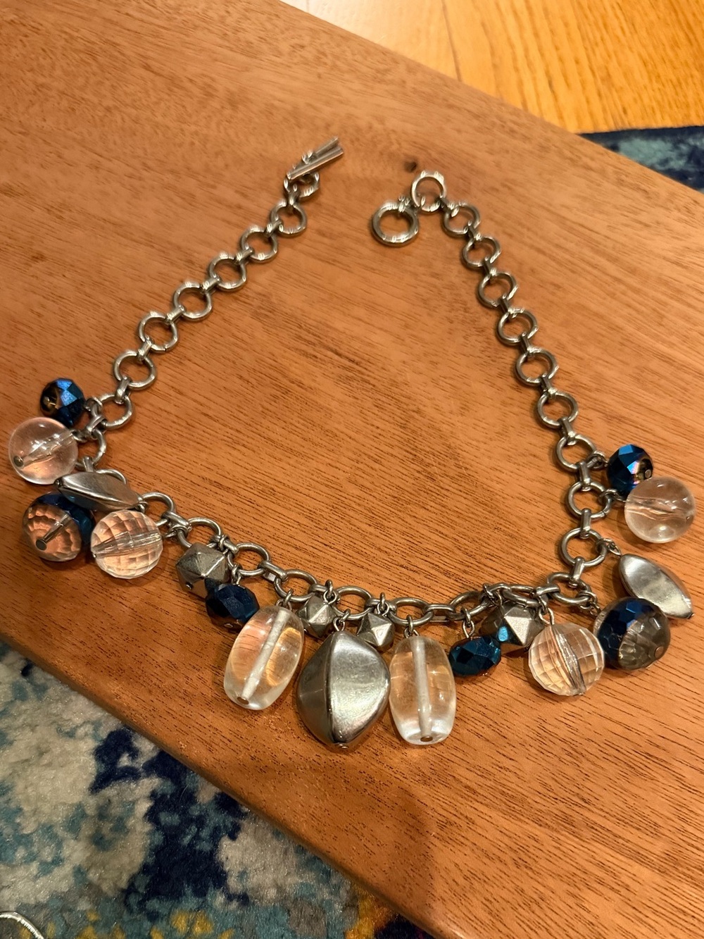 Silver Chain necklace with Blue and Clear Beads